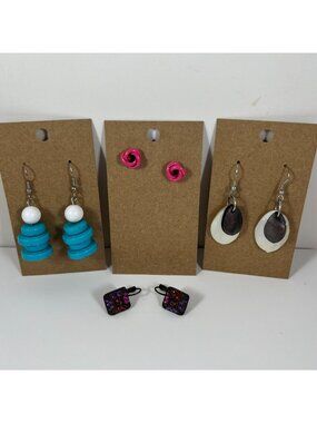 Colorful Handmade Earring Set - Turquoise Button Dangles Pink Rose Studs Shell D